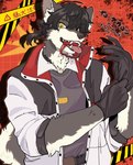 absurd_res anthro brass_knuckles canid canine canis clothed clothing dayohiko eye_scar facial_scar gloves handwear hi_res kemono male mammal melee_weapon scar sharp_teeth solo teeth weapon wolf