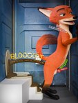 3:4 3d_(artwork) absurd_res against_door against_surface anthro blender_(artwork) blender_cycles bloated brown_body brown_eyebrows brown_fur canid canine dialogue digital_media_(artwork) digitigrade disney door english_text eyebrows feces fox fur genitals green_eyes hi_res kenresek knot looking_pleasured male mammal nick_wilde onomatopoeia orange_body orange_fur penis pooping portapotty raised_tail red_fox red_penis rumbling_stomach scatplay solo sound_effects tail text toilet_paper toilet_use true_fox zootopia