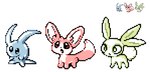 2022 ambiguous_gender blue_body blue_skin canid canine conditional_dnp digital_media_(artwork) dipstick_tail fakemon fan_character feral fur group labbit_(artist) lagomorph long_tail looking_at_viewer mammal markings open_mouth pixel_(artwork) red_body red_fur semi-anthro simple_background tail tail_markings trio vatkin vatkin_(species) white_background white_body white_fur white_markings