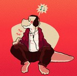 2023 alligator alligatorid anthro blush bottomwear brown_bottomwear brown_clothing brown_pants clothed clothing crocodilian datbx datbx_(datbx) digital_media_(artwork) electronics eyes_closed front_view headphones jacket listening_to_music multicolored_body multicolored_scales musical_note musical_symbol nonbinary_(lore) pants red_background red_clothing red_jacket red_topwear reptile scales scalie simple_background sitting smile solo speech_bubble sweater symbol tail tan_body tan_nose tan_scales tan_tail tapping topwear two_tone_body two_tone_scales white_clothing white_sweater white_topwear