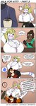 absurd_res anthro beverage big_breasts blush bodily_fluids breast_expansion breast_squish breasts canid canine canis cleavage clothed clothing comic container cup dialogue domestic_cat domestic_dog english_text expansion felid feline felis female hand_on_breast hi_res huge_breasts hyper hyper_breasts kurimi_(lunarspy) lunarspy male male/female mammal nipple_outline squish sweat text tight_clothing waiter