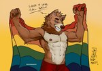 2024 abs anthro barazoku biceps big_muscles biped blasphemy blue_eyes brown_body brown_fur canid canine canis clothing countershade_fur countershading digital_media_(artwork) english_text fur hi_res lgbt_pride lgbt_pride_month looking_at_viewer male mammal muscular muscular_anthro muscular_male pecs politics pride_color_clothing pride_color_flag pride_colors solo southpawleftist standing text white_body white_countershading white_fur wolf