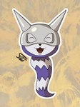 3:4 ambiguous_gender armor bandai_namco black_nose caprimon citrusseed digimon digimon_(species) eyes_closed feral fur headgear helmet hi_res horn horned_helmet open_mouth pattern_background purple_body purple_fur signature silver_helmet simple_background smile smiling_at_viewer solo tail white_body white_fur