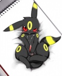 2010 balls black_body black_fur blush bodily_fluids cum cum_on_chest cum_on_face cum_on_own_face cum_on_own_tongue cum_on_self cum_on_tongue eeveelution erection feral fur generation_2_pokemon genital_fluids genitals looking_at_viewer lying male markings nintendo on_back penis pokemon pokemon_(species) red_eyes red_penis solo tongue tongue_out umbreon yellow_markings zefi