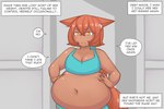 3:2 animal_humanoid belly big_belly big_breasts bottomwear breasts canid canid_humanoid canine canine_humanoid cleavage clothed clothing comic dark_body dark_skin dialogue english_text female fox_humanoid hair humanoid inner_monologue mammal mammal_humanoid navel orange_eyes orange_hair overweight overweight_female overweight_humanoid pixiveo solo speech_bubble tail text thinking topwear zina_(pixiveo)