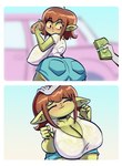 20pesos_sopa absurd_res big_breasts blue_clothing blurred_background blush bottomwear breasts brown_hair butt car cleavage clothed clothing comic duo ears_down eyelashes eyes_closed female freckled_breasts freckles goblin green_body green_skin hair happy headpat hi_res holding_object huge_breasts humanoid lei_(20pesos_sopa) looking_back money nipple_outline not_furry petting pivoted_ears shirt short_hair shorts smile thick_thighs topwear vehicle wet wet_clothing wet_shirt wet_topwear white_clothing white_shirt white_topwear wide_hips yellow_sclera