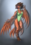 2013 after_transformation anthro avian bird brown_hair claws cloth clothing conditional_dnp digital_media_(artwork) digital_painting_(artwork) feathers female grey_background hair inert-ren male nipple_outline one-piece_swimsuit orange_body orange_feathers simple_background solo swimwear transformation wing_claws wings