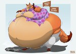 2024 anthro belly big_belly bottomwear canid canine claws clothed clothing dialogue dino.d.dice disney dress_shirt fangs fox fur hi_res inner_ear_fluff male mammal morbidly_obese morbidly_obese_anthro morbidly_obese_male navel necktie nick_wilde obese obese_anthro obese_male open_mouth overweight overweight_anthro overweight_male pants shirt signature smile solo speech_bubble standing teeth text tongue topwear torn_clothing tuft weighing_scale zootopia