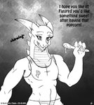 2016 anthro clothing comic cutlery dragon english_text frosting horn if_hell_had_a_taste kitchen_utensils male monochrome muscular muscular_male mythological_creature mythological_scalie mythology open_mouth reptile scales scalie scar shirt skylar_fidchell solo spoon text tools topwear ventral_scales viroveteruscy