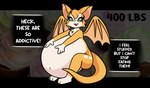 anthro bat belly big_belly dialogue donation_drive dust:_an_elysian_tail english_text female fidget_(elysian_tail) fur green_eyes growth_drive hi_res huge_belly hyper hyper_belly inflation interaction_drive mammal navel nimbat open_mouth orange_body orange_fur overweight pompuffy_(artist) smile solo tail text weight_gain white_body white_fur wings