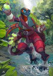 2023 4_fingers absurd_res amphibian anthro artist_name blue_eyes bottomwear clothing dated fingers fire_belly_newt fist hi_res kira_(kira) looking_at_viewer male newt orb outside plant plive salamander smile solo splashing_water topwear tree water