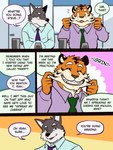 3:4 anthro canid canine canis clothed clothing comic countershade_face countershade_fur countershading dialogue duo english_text eyebrows felid fruitz fur hi_res humor male mammal mike_(fruitz) orange_body orange_fur pantherine smile steve_(fruitz) text tiger wolf