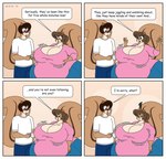 2019 4_panel_comic anthro beard belly big_belly big_breasts blush bottomwear bouncing_breasts breasts brown_body brown_eyes brown_fur brown_hair chipmunk clothing comic container copyright_symbol cup denim denim_bottomwear denim_clothing dialogue digital_media_(artwork) duo english_text eyewear facial_hair female fur glasses ground_squirrel hair hi_res huge_breasts jeans jiggling male mammal michael_(satsumalord) mug obese obese_anthro obese_female open_mouth overweight overweight_anthro overweight_female pants rodent satsumalord sciurid shirt sound_effects symbol terry_(satsumalord) text thick_thighs topwear wibbling wobbling