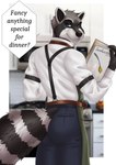 accessory anthro apron arm_garter azban blue_eyes bottomwear clothing cooking english_text garter hi_res kitchen looking_at_viewer looking_back magazine male mammal pants procyonid raccoon rear_view sajophoe solo speech_bubble suggestive_dialogue suspenders text