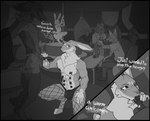 anthro back_room balls black_border bodily_fluids border bovid canid canine canis caprine clothing clubhouse crouching crowd detailed_background dialogue duo ears_back fellatio fishnet_clothing fox genitals goat group hi_res holding_penis hyena lagomorph leporid looking_back lounge male male/male mammal monochrome multi_nipple muscular nipples oral pasties penile penis pivoted_ears pole rabbit servali_sketch sex stripper_pole sweat thong underwear wolf