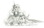 2022 apple_bloom_(mlp) baron_engel cuddling earth_pony equid equine eyebrows fan_character fangs feathered_wings feathers female feral friendship_is_magic graphite_(artwork) greyscale group hair hasbro hooves horn horse long_hair male mammal monochrome my_little_pony mythological_creature mythological_equine mythology pony princess_luna_(mlp) stone_mane_(baron_engel) story story_in_description teeth traditional_media_(artwork) trio winged_unicorn wings young young_feral