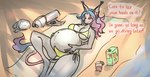 anthro bahati_dazzle_(indigobx) beach beach_towel bikini bikini_bottom bikini_top biped blue_hair breasts bulge canid canine canis clothing detailed_bulge domestic_dog english_text erection erection_under_clothing genital_outline gradient_hair gynomorph gynomorph_anthro hair holding_belly hybrid ibizan_hound indigobx intersex intersex_anthro long_ears long_hair long_tail lying mammal nipple_outline on_back orange_eyes orange_sclera penis_outline pink_hair pregnant pregnant_anthro pregnant_gynomorph pregnant_intersex primitive_dog primitive_hunting_dog solo swimwear tail tenting text towel two-piece_swimsuit