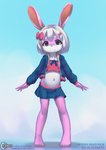 anthro bottomwear chirmaya clothed clothing echa4797 english_text female hair hi_res jacket lagomorph leporid mammal rabbit ribbons skirt smile solo text topwear url young young_anthro