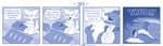 blue_and_white bodily_fluids comic detailed_background dialogue dragon duo english_text featureless_chest featureless_crotch female feral flat_chested hi_res horn kobold larger_feral male monochrome mythological_creature mythological_scalie mythology profanity saliva scalie size_difference smaller_female speech_bubble text vavacung wings