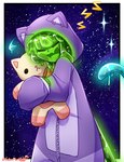 absurd_res addy_(morbidlycutecrunch) ahoge cat_costume cat_plushie clothed clothing costume eyes_closed female glistening glistening_body goo_creature goo_humanoid green_body hair hi_res hug humanoid morbidlycutecrunch open_mouth pajamas plushie purple_clothing solo space star tail teddy_bear