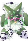 animal_print anthro bikini biped breasts cleavage clothed clothing cow_print eyelashes female fur generation_9_pokemon green_body green_fur hi_res hotvr_(artist) kneeling legwear looking_at_viewer meowscarada nintendo pink_body pink_eyes pokemon pokemon_(species) solo swimwear thigh_highs tongue tongue_out two-piece_swimsuit