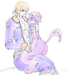 absurd_res blonde_hair clothed clothing duo eeveelution espeon female fur generation_2_pokemon hair hi_res holowear_(pokemon) human interspecies male male/female mammal nintendo pokemon pokemon_(species) pokemon_unite pokephilia purple_body purple_fur purple_unite_style_espeon tapirclip volo_(pokemon)