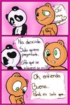 2023 aivae_27 anthro bear biped black_body black_nose comic duo eyes_closed giant_panda green_eyes hi_res mammal orange_body pandi_(unicorn_wars) sonrisas_(unicorn_wars) spanish_text text translated unicorn_wars white_body