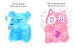 ambiguous_gender anthro blep blue_body blue_fur bodily_fluids canid canine canis claws crossed_arms crying domestic_cat domestic_dog duo eliasericson english_text felid feline felis finger_claws floppy_ears flying_sweatdrops frown fur handpaw heart_symbol mammal paws pink_body pink_fur sad striped_body striped_fur stripes sweat sweatdrop tears text tongue tongue_out toony whiskers