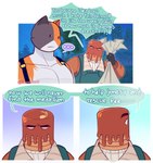 anthro calico_cat clothing comic dialogue domestic_cat duo epic_games felid feline felis food food_creature for_a_head forest forest_background fortnite frustrated hi_res male mammal mancake_(fortnite) meowscles muscular muscular_male nature nature_background object_head plant sheepdan2 shirtless_male shocked suspenders sweater text topwear tree