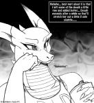 2016 anthro clothed clothing comic dragon english_text grey_background grin hi_res if_hell_had_a_taste male monochrome mythological_creature mythological_scalie mythology scalie scar simple_background skylar_fidchell smile text viroveteruscy