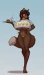 absurd_res anthro awoos_diner beverage big_breasts bikini bikini_bottom breasts brown_body brown_fur brown_hair burger canid canine clothing collar cross_fox female food fox fur gold_bikini hair hi_res holding_plate huge_breasts mammal maple_cross_(devildjmachine) mortarionlordofdeath orange_body orange_fur red_eyes red_fox shirt smile solo swimwear t-shirt topwear true_fox two-piece_swimsuit under_boob