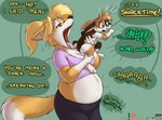 anthro anthro_pred bottomwear canid canine clothing duo female female_pred fox imminent_vore lagomorph leporid mammal oral_vore pants rabbit rumbling_stomach scott_calico shirt sound_effects topwear vore