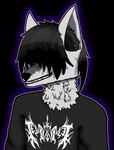 anthro band_shirt black_hair bust_portrait canid canine clothing erryryl fluffy fluffy_hair fox fur graphic_tee grey_body grey_fur grin hair hair_over_eye hair_over_eyes hair_over_face hi_res inner_ear_fluff male mammal neck_tuft one_eye_obstructed portrait smile solo sweater topwear tuft