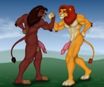 6:5 abs absurd_res animal_genitalia anthro balls big_penis digital_media_(artwork) disney duo feet felid genitals grass hair half-erect hi_res humanoid_genitalia humanoid_penis kovu_(the_lion_king) lion male male/male mammal mane muscular muscular_anthro muscular_male nude outside pantherine pecs penis plant rahir_(artist) simba_(the_lion_king) smile standing tail the_lion_king toes vein veiny_penis