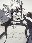 2024 abs angiewolf anthro big_muscles biped black_eyes canid canine canis fur harness hi_res looking_at_viewer male mammal mihoyo muscular muscular_anthro muscular_male pecs red_eyes smile smiling_at_viewer solo von_lycaon white_body white_fur wolf zenless_zone_zero