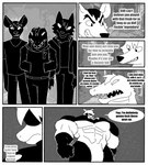 abs absurd_res anthro big_muscles bottomwear bovid building bulge canid canine caprine clothing comic crocodile crocodilian crocodylid dialogue english_text gabriel_(parttimeyeen) goat group hi_res homophobia horn huge_muscles jacket male mammal mask monochrome muscular muscular_anthro muscular_arms muscular_legs muscular_male night pants parttimeyeen_(artist) profanity reptile scalie sharp_teeth shirt sky star starry_sky superhero superhero_costume teeth text topwear