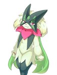 flower fur generation_9_pokemon green_body green_eyes looking_at_viewer meowscarada nintendo plant pokemon pokemon_(species) red_eyes simple_background smile solo walking white_background xiwomo