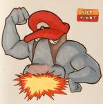 2018 4_fingers biceps black_body black_markings blue_eyes blush clothing cosplay crossover crossover_cosplay english_text eye_markings facial_hair fakemon fingers fire firefightdex fist flexing front_view full-length_portrait generation_4_pokemon grey_body hand_on_hip hat hat_only hatching_(art) headgear headgear_only headwear headwear_only hi_res huge_nose humanoid_hands looking_aside looking_away male marco_fanjul mario mario_bros marker_(artwork) markings mixed_media mostly_nude multicolored_body mustache nintendo nose_blush not_furry pen_(artwork) pokeball pokemon pokemon_(species) portrait probopass shaded shadow simple_background solo text toony traditional_media_(artwork) two_tone_body waddling_head white_background