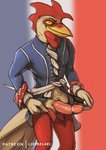 2020 absurd_res anthro avian bastille_day beak bird bodily_fluids chicken clothing erection flag flag_background french_flag front_view gallic_rooster galliform gallus_(genus) genital_fluids genitals hi_res holidays humanoid_genitalia humanoid_penis lizardlars male penis phasianid precum simple_background solo standing unzipped vein veiny_penis yellow_beak zipper