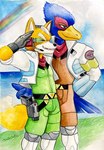 Rating: s
ID: 5596734
Date: 2025-05-25 05:23:25 -0400
Status: active
Score: 4
anthro avian beak bird blue_body blue_feathers canid canine canis clothed clothing duo falco_lombardi feathers fox fox_mccloud gesture green_eyes gun headgear hi_res male mammal nintendo orange_body rainbow ranged_weapon salute scouter sea size_difference star_fox traditional_media_(artwork) ulala_ko water weapon post #5596734