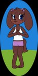 1:2 2022 4_fingers alpha_channel anthro bare_shoulders biped bird_dog blue_eyes bottomwear bow_(feature) bow_accessory bra_strap breasts brown_body brown_fur brown_nose canid canine canis cheek_tuft circle_background clasped_hands cleavage clothed clothing cocker_spaniel crop_top digital_drawing_(artwork) digital_media_(artwork) dog_ears dog_tail domestic_dog ear_bow evelyn_(pazymomo) eyelashes facial_tuft female fingers flat_colors full-length_portrait fully_clothed fur hands_together hands_together_elbows_apart hi_res hunting_dog leg_tuft looking_aside mammal midriff outside paws pazymomo portrait purple_bottomwear purple_bow purple_clothing purple_shorts shirt shorts smile solo spaniel standing tail tank_top topwear tuft twin_bows twin_ear_bows white_clothing white_shirt white_tank_top white_topwear