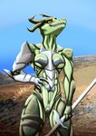 absurd_res anthro armor bikini_armor blue_sky dragonborn_(dnd) dungeons_and_dragons female green_body green_dragonborn green_scales half-swording hasbro hi_res horn melee_weapon muscular odoral567 outside plains scales scalie sky solo sword unconvincing_armor weapon wizards_of_the_coast yellow_eyes