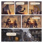 1:1 anthro blacksmith_dwarf_(saintmonstre) blacksmith_gnoll_(saintmonstre) clothing comic dialogue dwarf english_text eyewear female fire gnoll goggles hammer hi_res humanoid hyena male mammal outside saintmonstre scar tattoo text tools