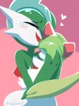 blush bodily_fluids crying duo eyes_closed female gallade generation_3_pokemon generation_4_pokemon happy heart_symbol lineless male nintendo noble_(sketchygarden) pokemon pokemon_(species) ralts serenity_(sketchygarden) sketchygarden smile tears watermark