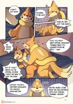 absurd_res animal_genitalia balls blue_eyes blush buizel clothing comic dialogue duo english_text feral feral_on_feral fin first_person_view floatzel fluffy generation_4_pokemon genitals hi_res in_heat lester_(risenpaw) lying male male/male ness_(risenpaw) nintendo on_back one_eye_closed orange_body pinned pokemon pokemon_(species) risenpaw romantic romantic_couple sheath smile text tongue url