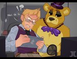 2023 absurd_res anthro bear black_bars black_eyes blonde_hair clothed clothing digital_media_(artwork) duo english_text eyewear facial_hair five_nights_at_freddy's fur gaming glasses golden_freddy_(fnaf) hair hi_res human jumpy_jackal letterbox looking_at_another male mammal necktie nightguard playing_video_game scottgames security security_guard text yellow_body yellow_fur