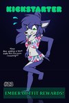 2:3 4_toes anthro barefoot bikini black_background bloodline_(webcomic) blue_body blue_ears blue_fur blue_tail bottomwear canid canine canis clothing confusion ember_(bloodline) feet female floral_bikini floral_pattern floral_swimwear fluffy_chest fluffy_ears frown fur green_eyes green_text hi_res kickstarter mammal multicolored_body paws plantigrade simple_background skirt solo swimwear tail text toes two-piece_swimsuit two_tone_body w0lfmare white_body white_fur wolf