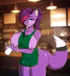 absurd_res anthro areola beverage big_breasts bodily_fluids breasts canid canine coffee derangedspazz digital_media_(artwork) emberfox female fennec_fox fox hi_res i_mean_breast_milk lactating mammal meme milk nipples purple_areola purple_body purple_nipples solo trans_(lore) true_fox