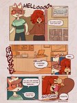 anthro bird_dog cafe canid canine canis clothed clothing comic counter dialogue domestic_cat domestic_dog duo english_text eyewear felid feline felis female fully_clothed fur glasses hair hi_res hoodie hunting_dog inside irish_setter male mammal maple_(puppeypawbs) puppeypawbs rectangular_glasses red_body red_fur red_hair setter shirt speech_bubble syrup_(puppeypawbs) t-shirt text topwear