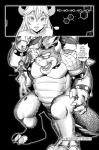 alternate_species animal_humanoid anthro bowser bowsette_meme chain_chomp chompette chompy_(pencils) clothing comic crossgender crown dialogue english_text female group headgear hi_res horn horned_humanoid humanoid koopa male mario_bros meme monochrome nintendo panties pencils_(artist) scalie super_crown text underwear